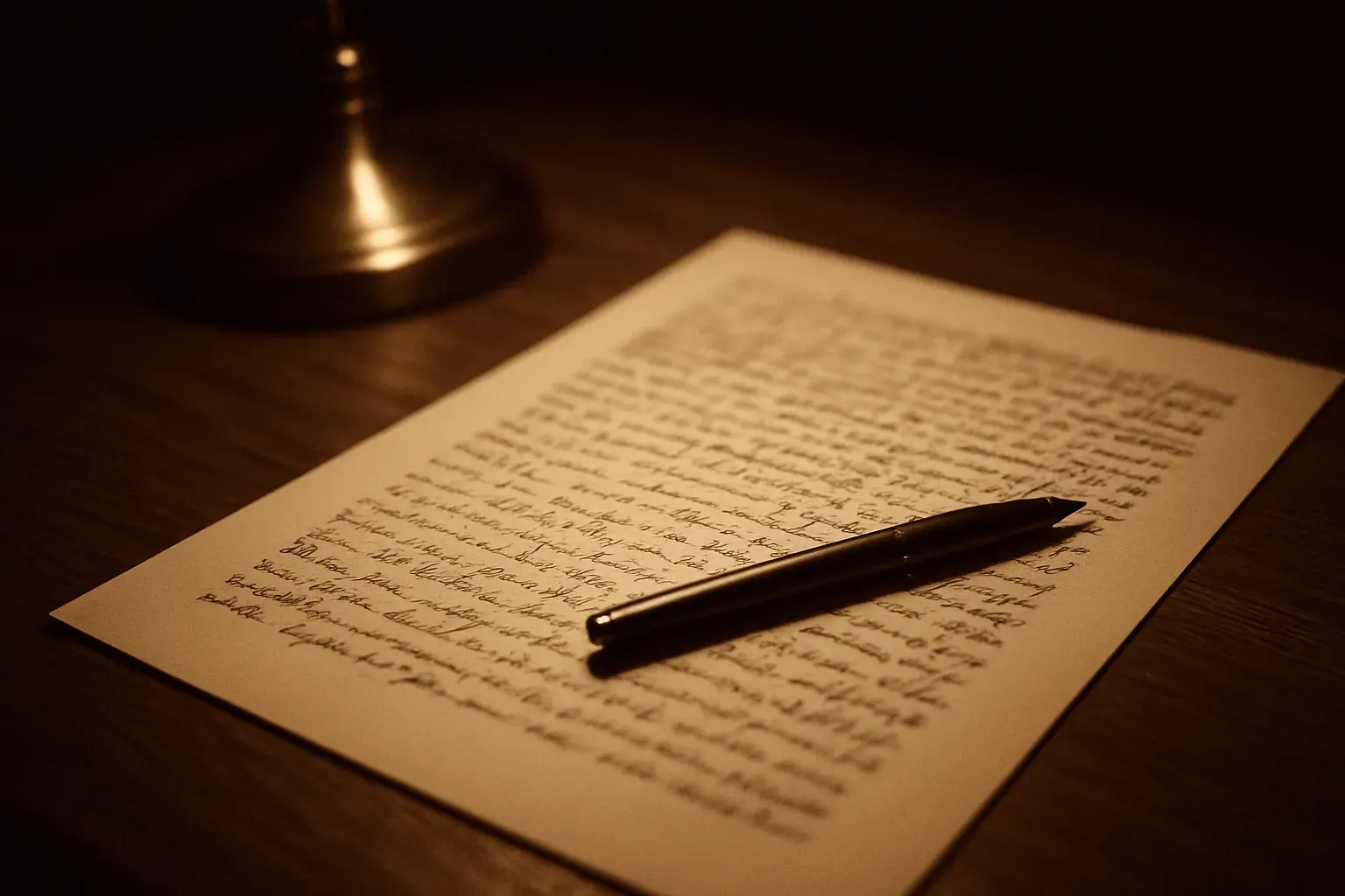 Close-up of a manuscript page mid-edit under warm desk-lamp light, rendered in warm ink-and-paper duotone.
