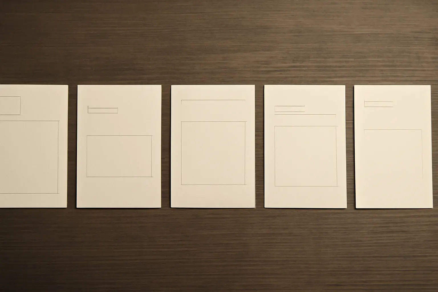 A row of printed envelope and letter proofs laid out in sequence, in warm ink-and-paper duotone.