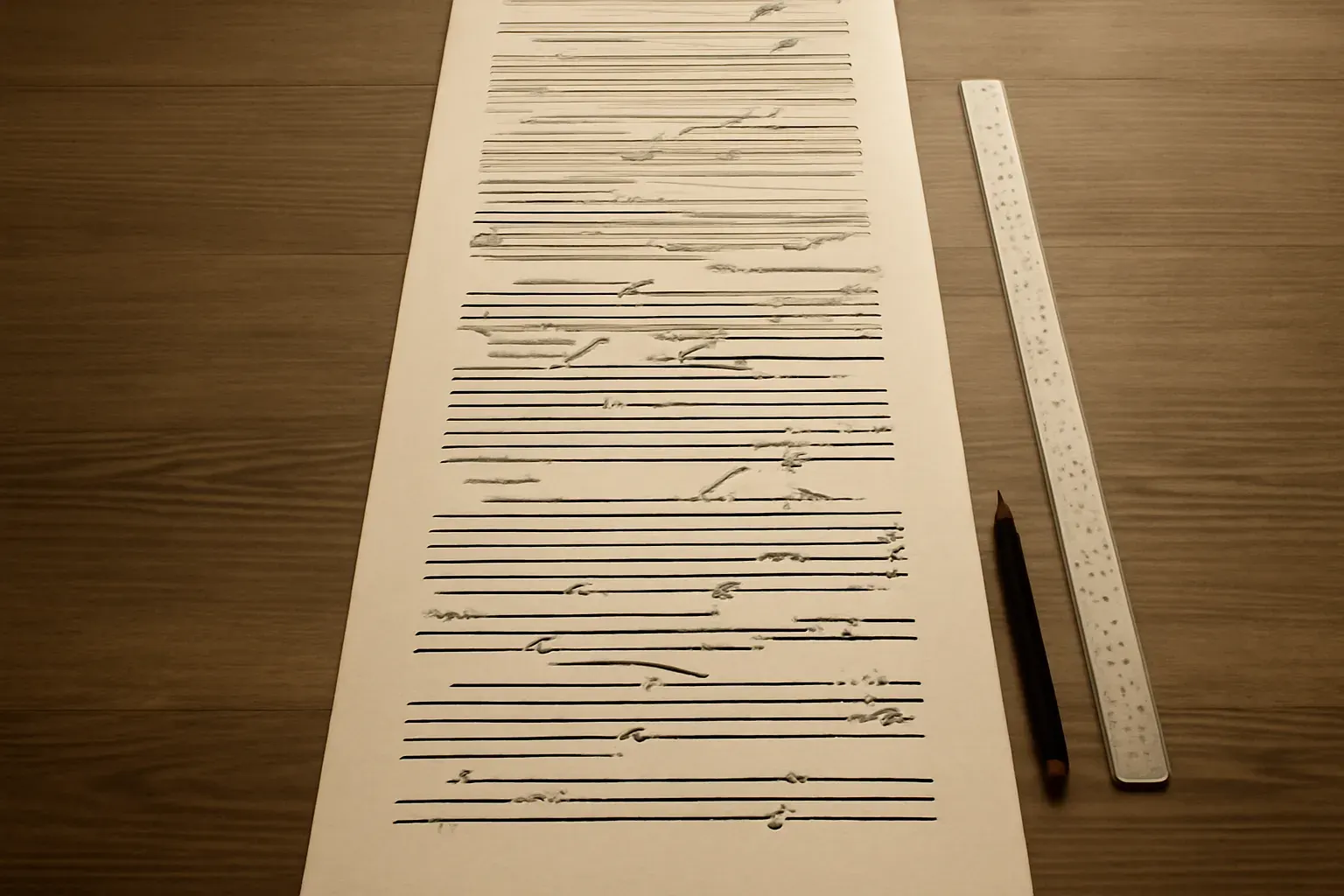 A single long printed page proof marked up with editing notes, in warm ink-and-paper duotone.